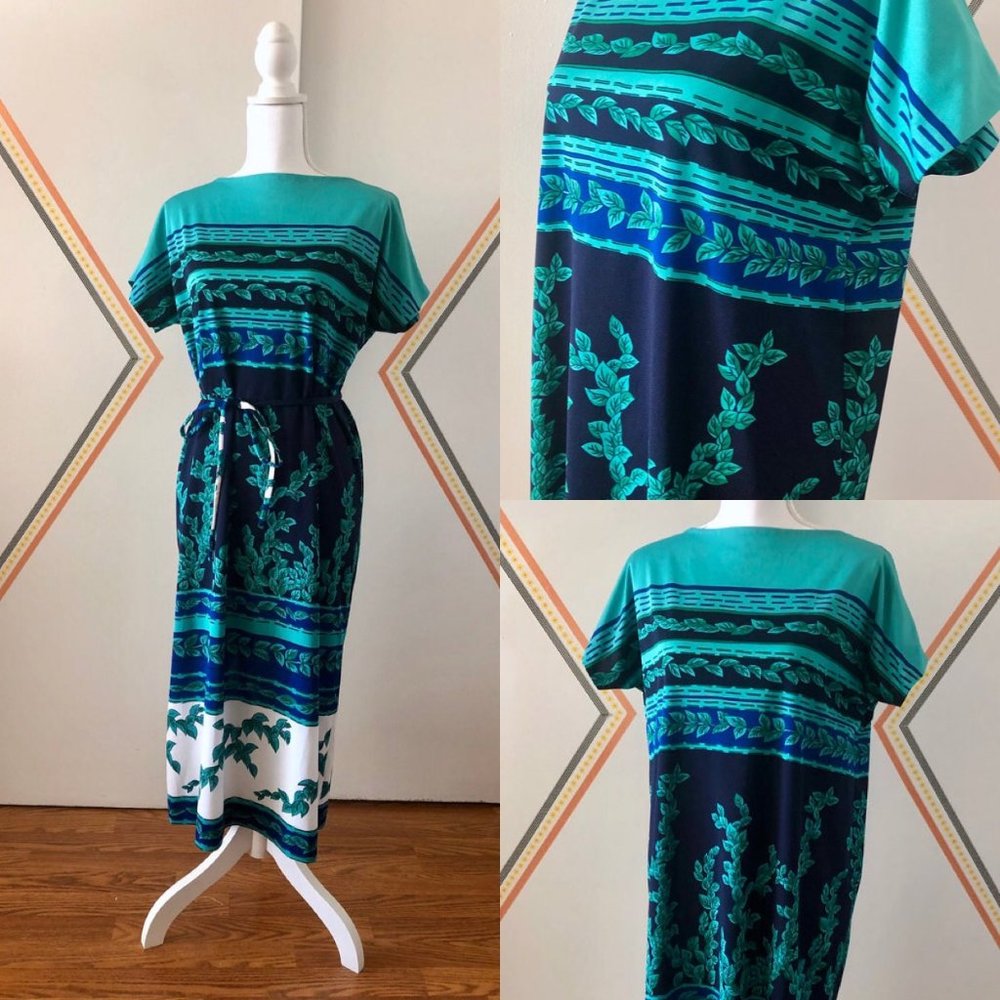 70's Maxi Boho Dress with Leaf Pattern Hippie Chic